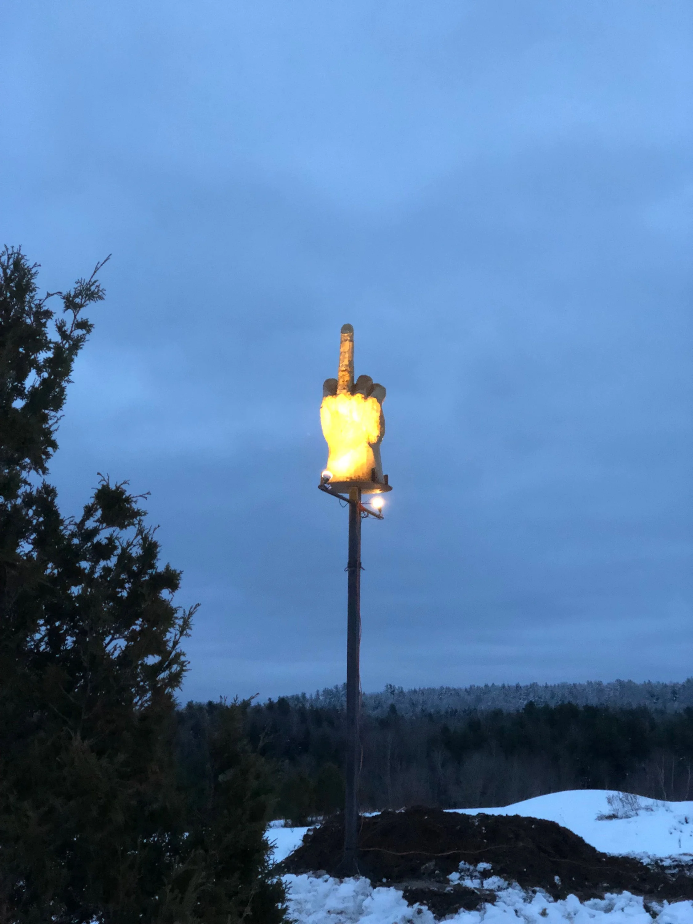 Ted Pelkey's giant illuminated middle finger sculpture in Westford, Vermont
